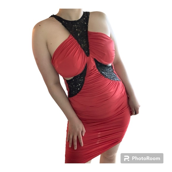 Vintage 2000s Y2K Bebe Red CutOut Sleeveless Asymmetrical Ruched Bodycon Dress M - Picture 12 of 12